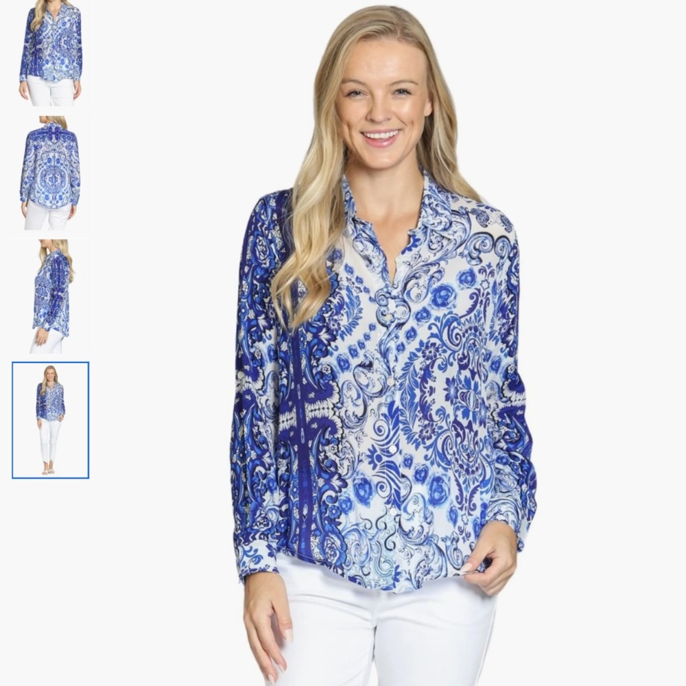 APNY Damask Print Roll Tab Sleeve Button-Up Shirt, sise XS